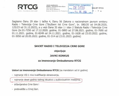 Ombudsman RTCG izabran suprotno uslovima navedenim u konkursu